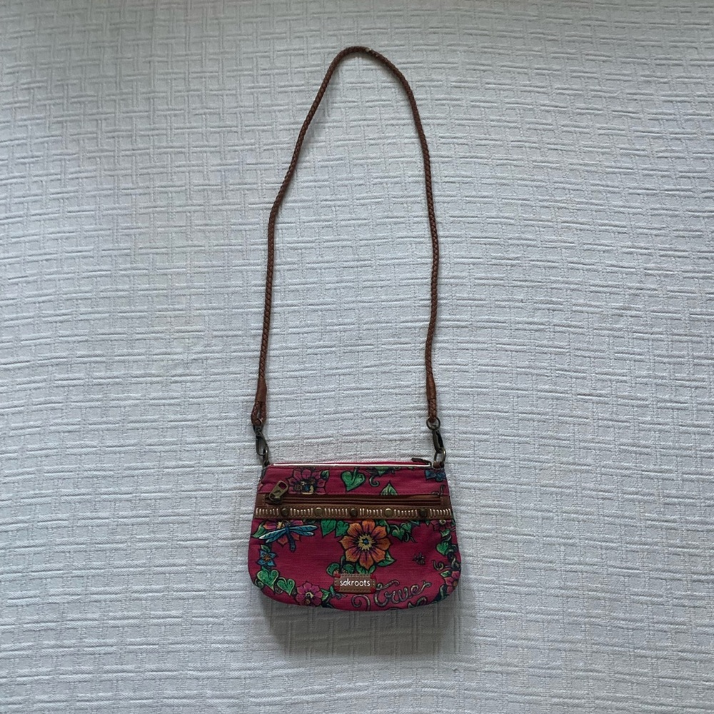 Sakroots red floral canvas casual boho peace purse.